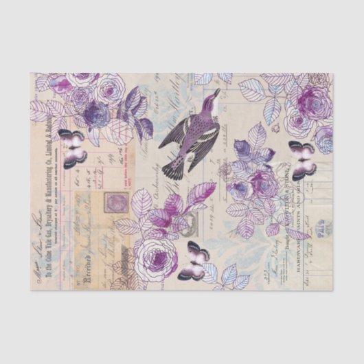 Papier Mousseline Oiseau illustré avec fleurs en colage violet (Recto)