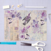 Papier Mousseline Oiseau illustré avec fleurs en colage violet (Artisanat)