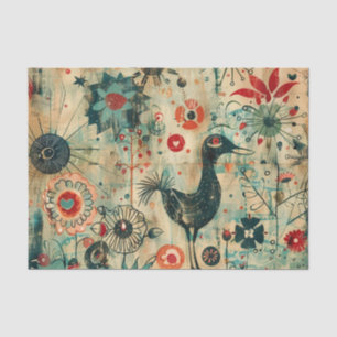 Papier Mousseline Oiseau noir lunaire avec fleurs et gribouillis