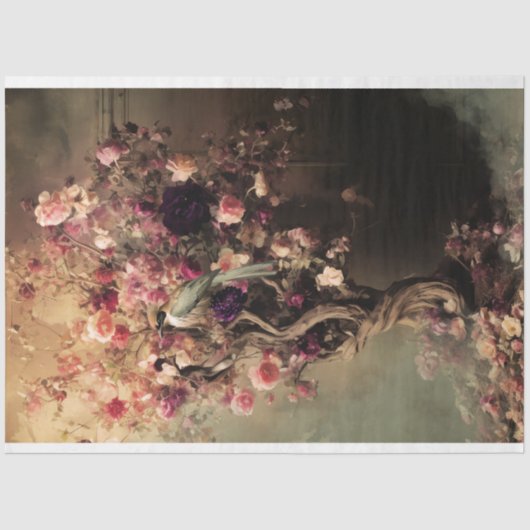 Papier Mousseline Oiseau vert et floral dynamique, arbre éthérée (Recto)