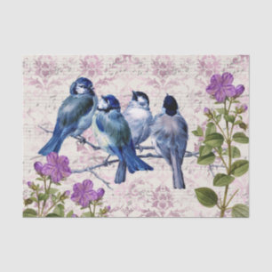 Papier Mousseline Oiseaux bleus vintages, Fleurs violettes, Musique 