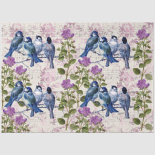 Papier Mousseline Oiseaux bleus vintages, Fleurs violettes, Musique 