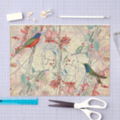 Papier Mousseline Oiseaux colorés chantant aux fleurs rouges (Artisanat)