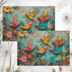 PAPIER MOUSSELINE OISEAUX COLORÉS EN VOL DÉCOUPAGE MIXTE MÉDIA