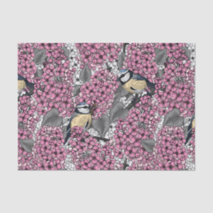 Papier Mousseline Oiseaux dans le jardin lilas rose