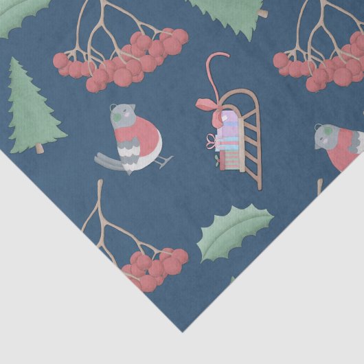 Papier Mousseline Oiseaux de Noël et coudes Bleus (Détail)