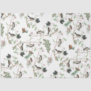 Papier Mousseline Oiseaux de poulet Baies et Pinecones Aquarelle