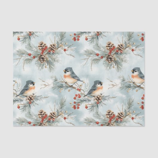 Papier Mousseline Oiseaux d'hiver Motif avec Pinecones et neige (Recto)