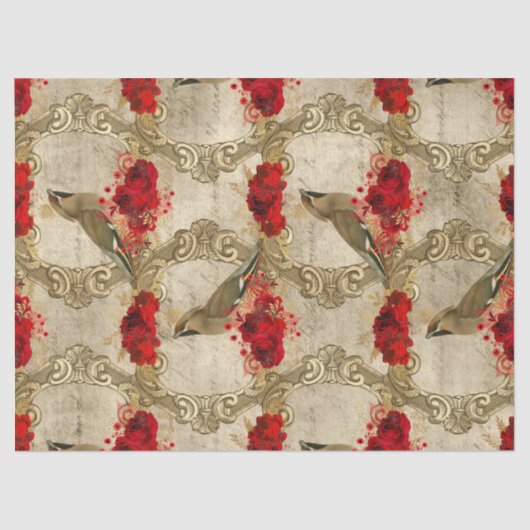 Papier Mousseline Oiseaux d'or et découpage de la flore rouge (Recto)