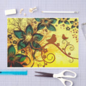 Papier Mousseline Oiseaux et fleurs sur un Arrière - plan jaune (Artisanat)