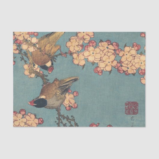 Papier Mousseline Oiseaux Fleurs Hokusai Art Japonais (Recto)