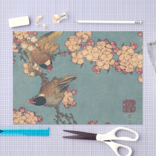 Papier Mousseline Oiseaux Fleurs Hokusai Art Japonais (Artisanat)