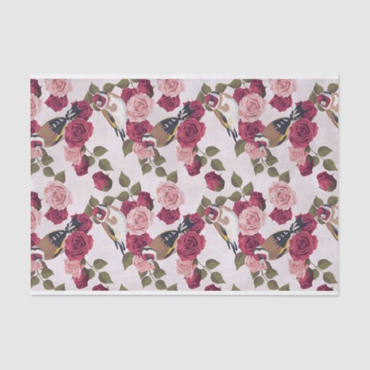 Papier Mousseline Oiseaux Goldfinch perchés sur Motif rose Roses (Recto)