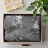 Papier Mousseline Oiseaux noirs couronnés et fleurs blanches sur gri (Cadeau)