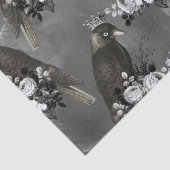 Papier Mousseline Oiseaux noirs couronnés et fleurs blanches sur gri (Détail)