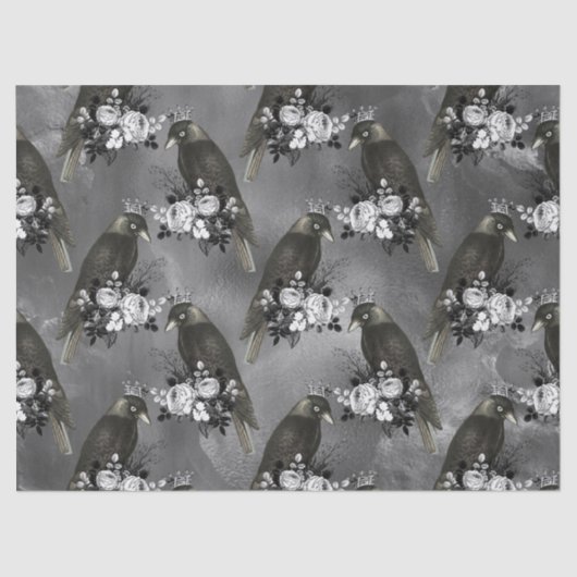Papier Mousseline Oiseaux noirs couronnés et fleurs blanches sur gri (Recto)
