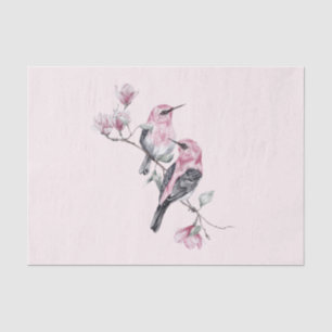 Papier Mousseline Oiseaux roses et noirs sur une branche d'arbre
