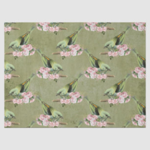 Papier Mousseline Oiseaux verts et découpage de fleurs roses