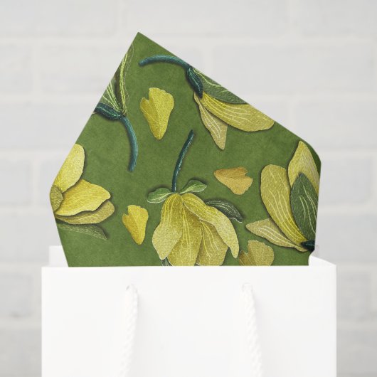 Papier Mousseline Olive Green Yellow Magnolia Flower Motif (Sac cadeau)