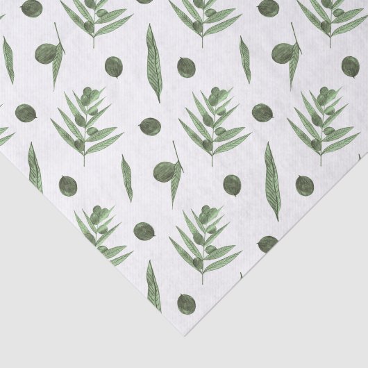 Papier Mousseline Olives vertes et branches d'olivier (Détail)