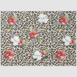 Papier Mousseline Or Empreinte de léopard Rouge Blanc Floral