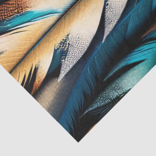 Papier Mousseline Or et plumes Turquoises (Détail)