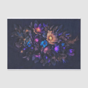 Papier Mousseline Orangé clair, violet profond, fleurs bleues et fon