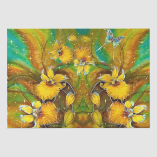 Papier Mousseline Orchidées Jaunes Magique Or Étoiles Vert (Recto)