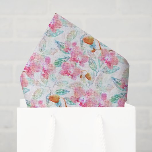 Papier Mousseline Orchidées roses. (Sac cadeau)