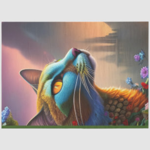 Papier Mousseline Oriental bleu calico chat sauvage, Imaginaire