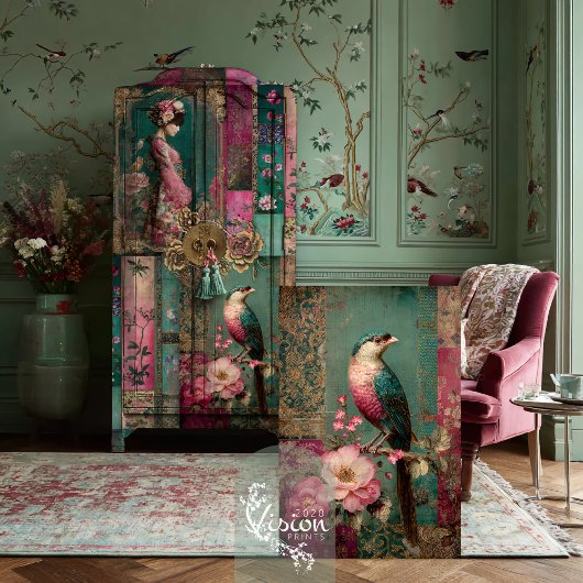 Papier Mousseline Oriental Garden Bird & Floral Collage Art