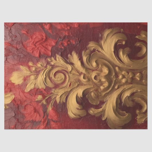 Papier Mousseline Ornement baroque faux or gras fleurs bordeaux (Recto)