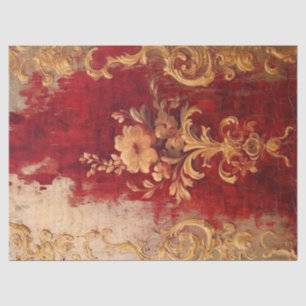 Papier Mousseline Ornement floral d'antiquité rouge bordeaux et faux