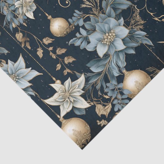 Papier Mousseline Ornements de Noël bleu et or Poinsettias (Détail)
