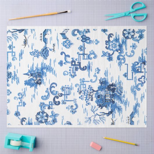 Papier Mousseline Pagode bleue et blanche Chinoiserie (Artisanat)