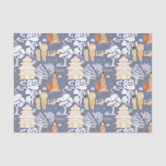 Papier Mousseline Pagode de la Chinoiserie Bleue (Recto)