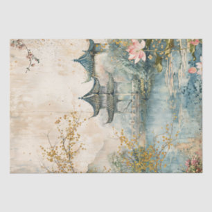 Papier Mousseline Pagode et étang de lotus à l'aquarelle vintage