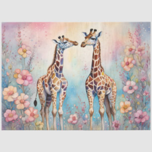 Papier Mousseline Paire de girafes en amour dans un jardin pastel