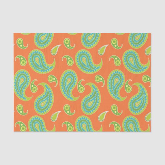 Papier Mousseline Paisley bleu-vert sur l'orange lumineuse (Recto)