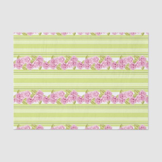 PAPIER MOUSSELINE PÂLE LIME VERT STRIPES & DÉLICATES FLEURS ROSES (Recto)