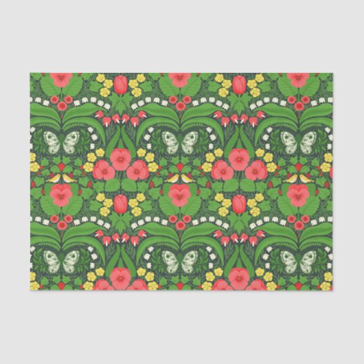 Papier Mousseline Pansies rouges, oiseaux et papillons (Recto)