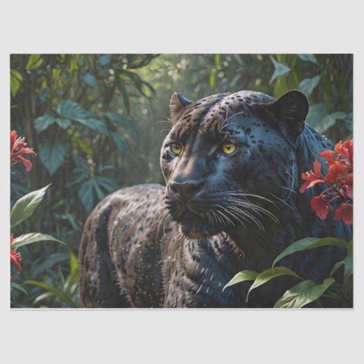 Papier Mousseline Panthère noire - Jaguar dans la Jungle Fleurs roug (Recto)