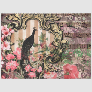 Papier Mousseline Paon vintage floral note de musique rose et or