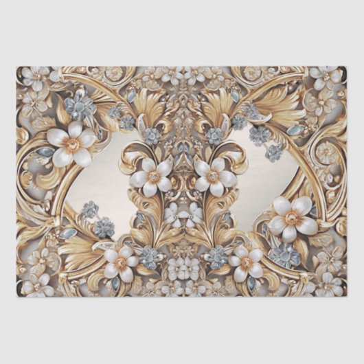 Papier Mousseline Papier de tissus fleuri blanc or décoratif (Recto)