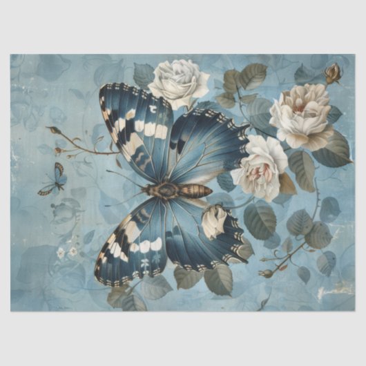 Papier Mousseline Papier Shabby chic bleu papillon & rose (Recto)