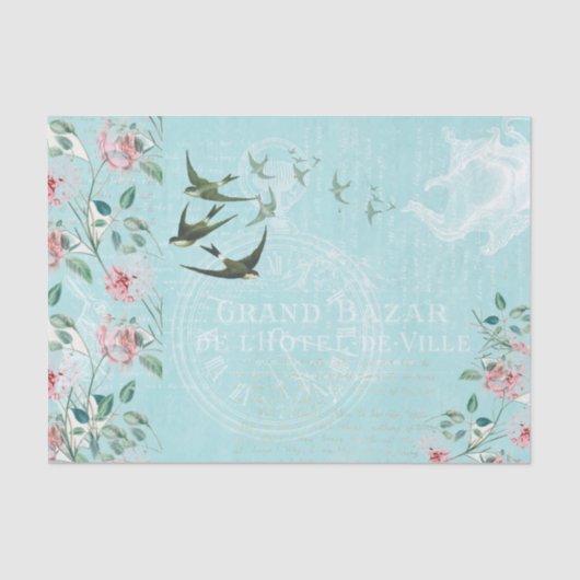 Papier Mousseline Papier Tissu Aqua Rose vintage Swallow (Recto)