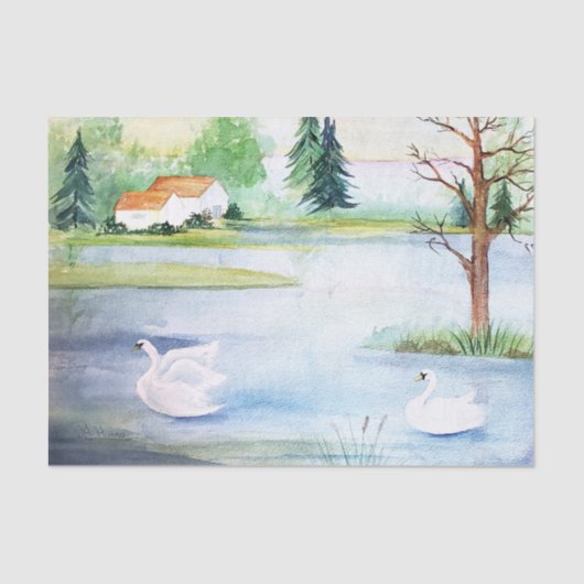 Papier Mousseline Papier Tissu Aquarelle Swan Lake (Recto)