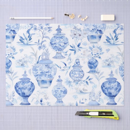 Papier Mousseline Papier Tissu Bleu Chinoiserie (Artisanat)