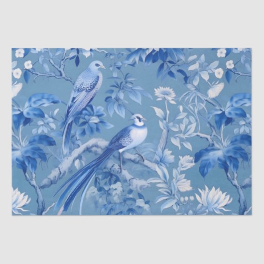 Papier Mousseline Papier Tissu Floral Chinoiserie Bleu (Recto)