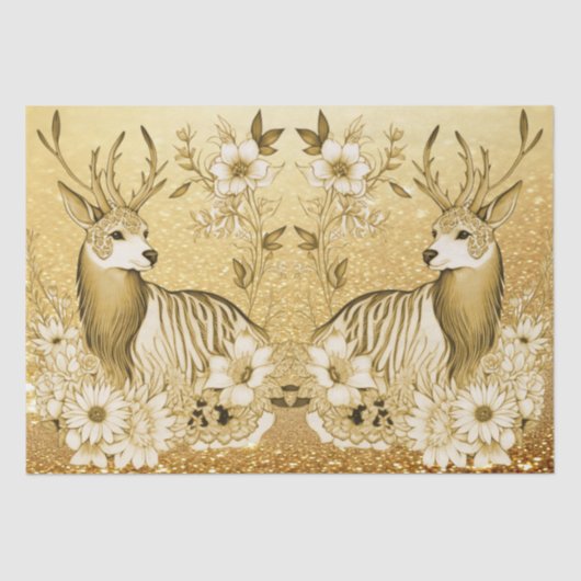 Papier Mousseline Papier Tissu Gold Floral Reindeer (Recto)